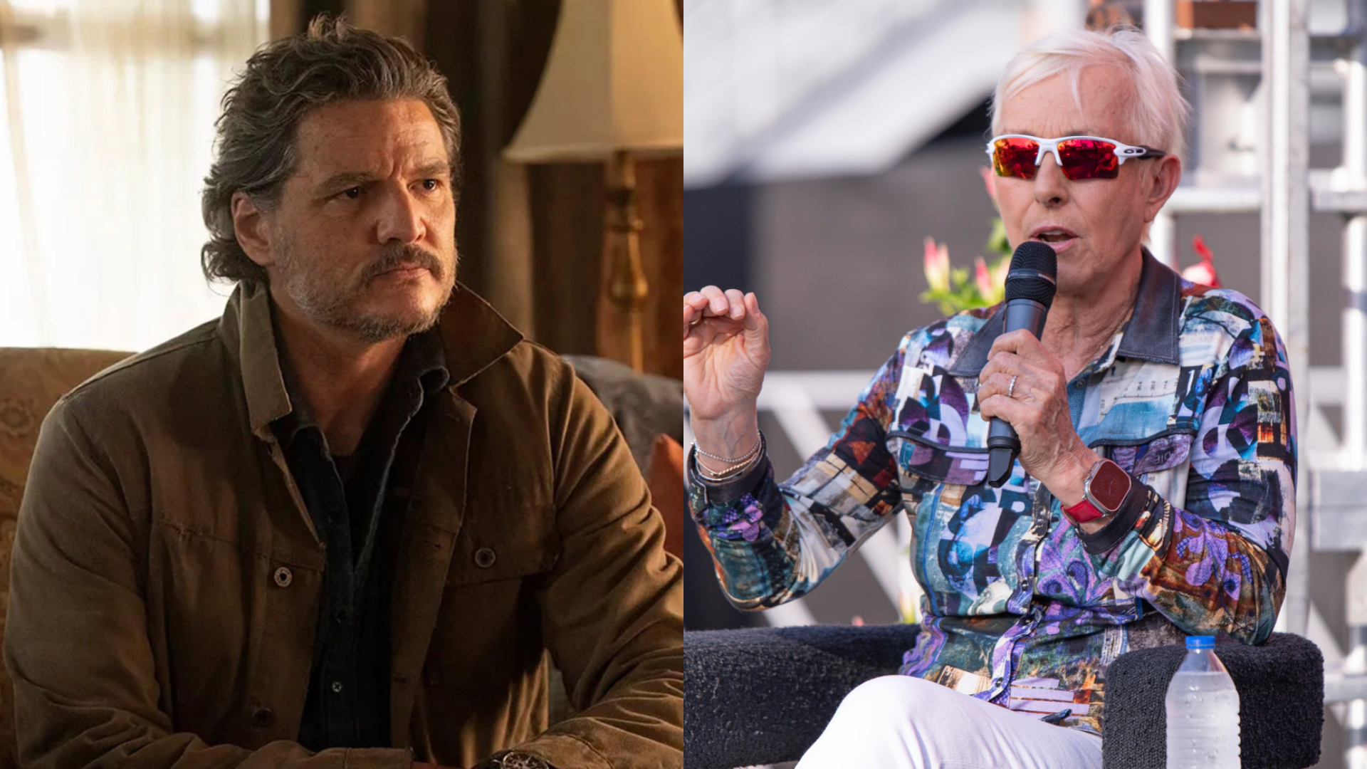 Pedro Pascal in The Last of Us and Martina Navratilova sat down in sunglasses speaking into a mic