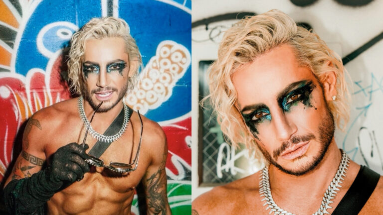 Frankie Grande topless wearing green glittery eye make up