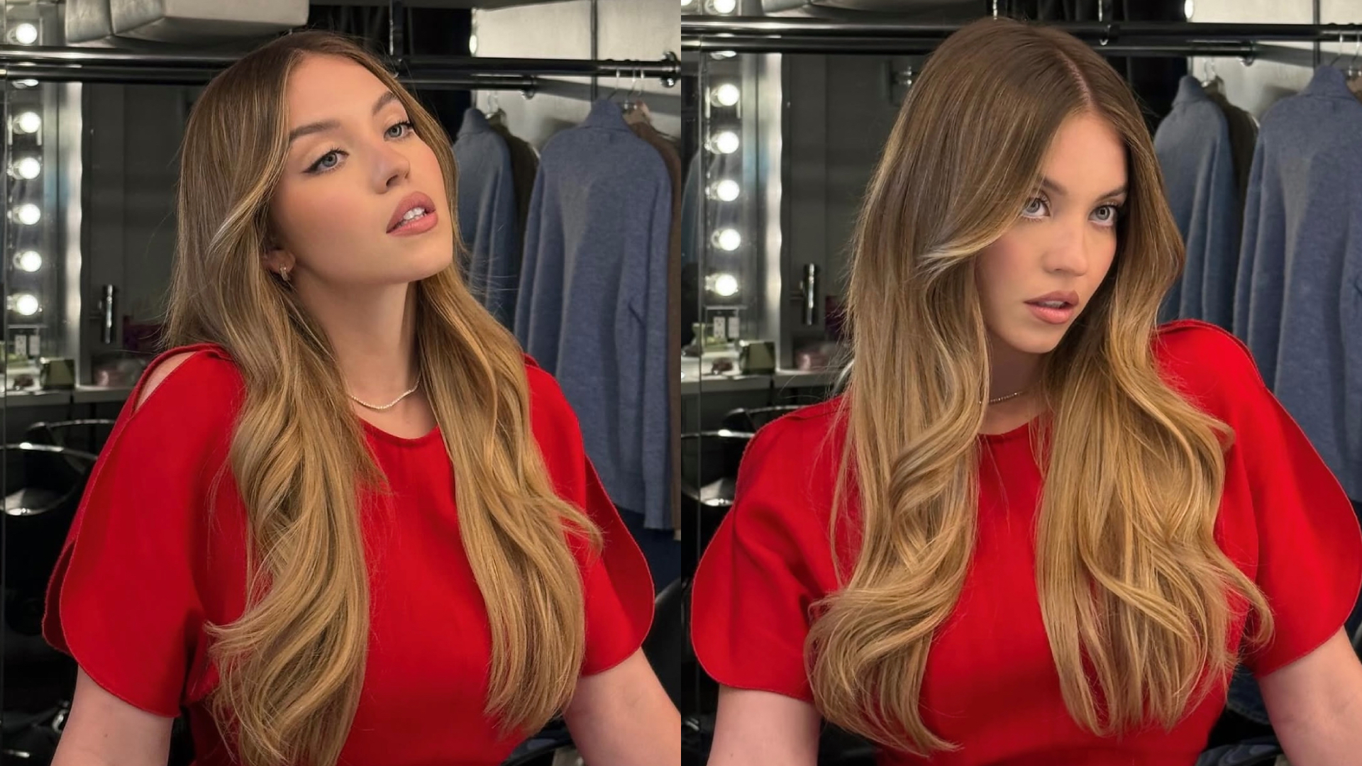 Sydney Sweeney looking in the mirror in a red dress