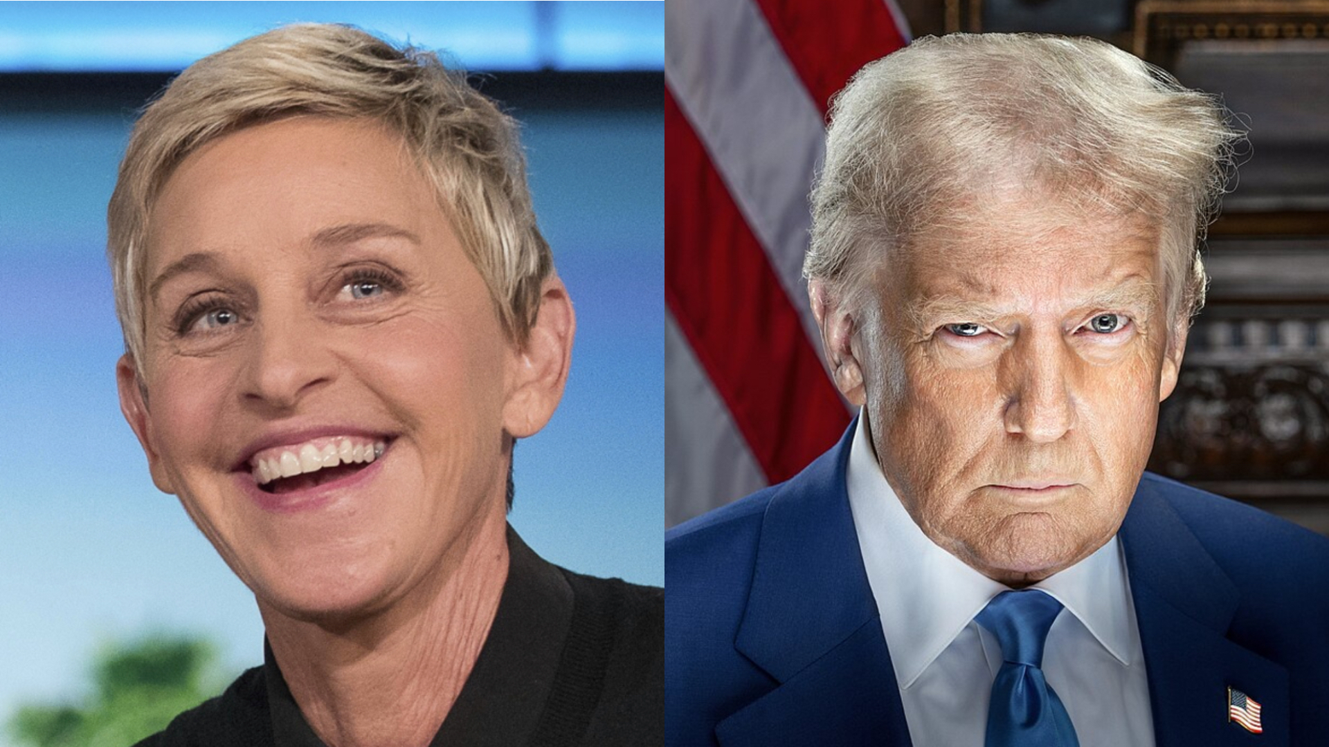 Ellen DeGeneres on the left smiling and Donald Trump on the right looking serious