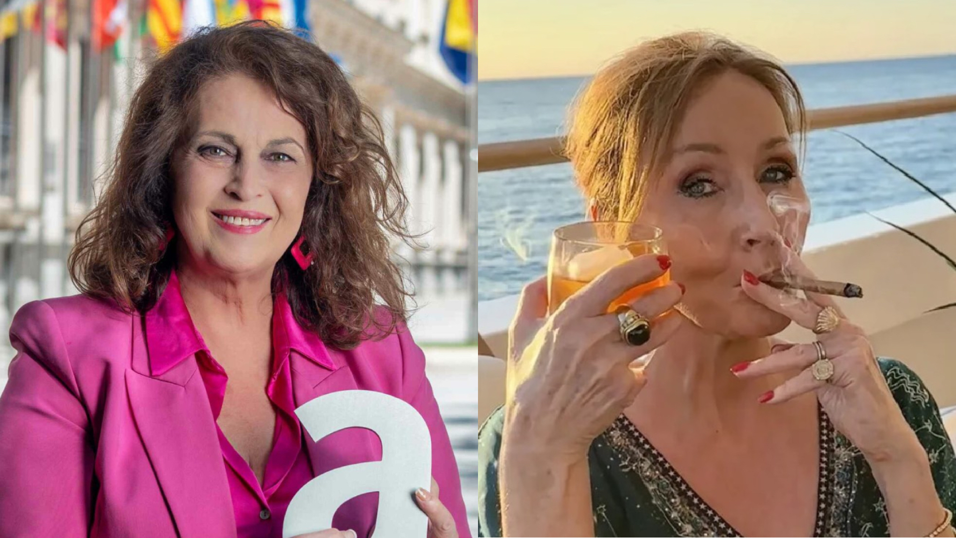 Carla Antonelli holding an Attiude Award on the left and JK Rowling smoking a cigar on the right