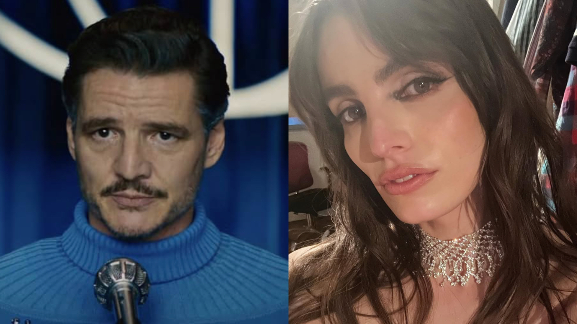 on the left, Pedro Pascal wearing a blue turtle neck jumper as part of his role as Mr. Fantastic, and not the right Lux Pascal pouting wearing a silver choker and winged eyeliner