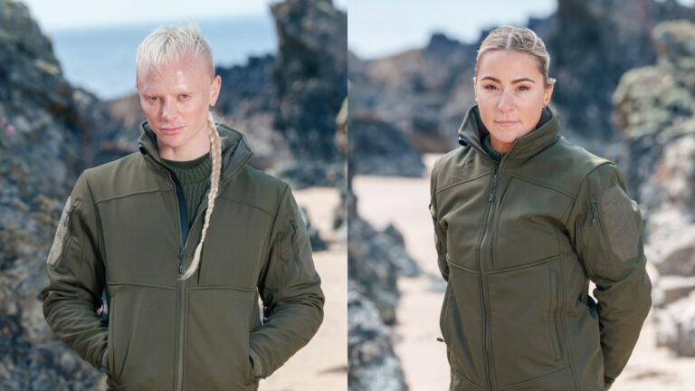Bimini with bleach blonde hair in a camo green coat and Lucy Spraggan with a slick back hair style in a camo green jacket