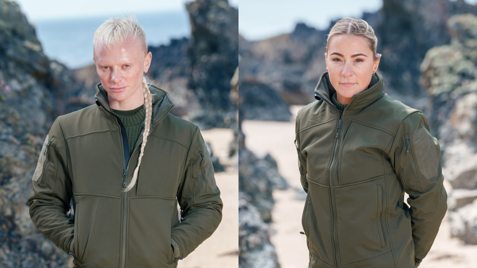 Bimini with bleach blonde hair in a camo green coat and Lucy Spraggan with a slick back hair style in a camo green jacket
