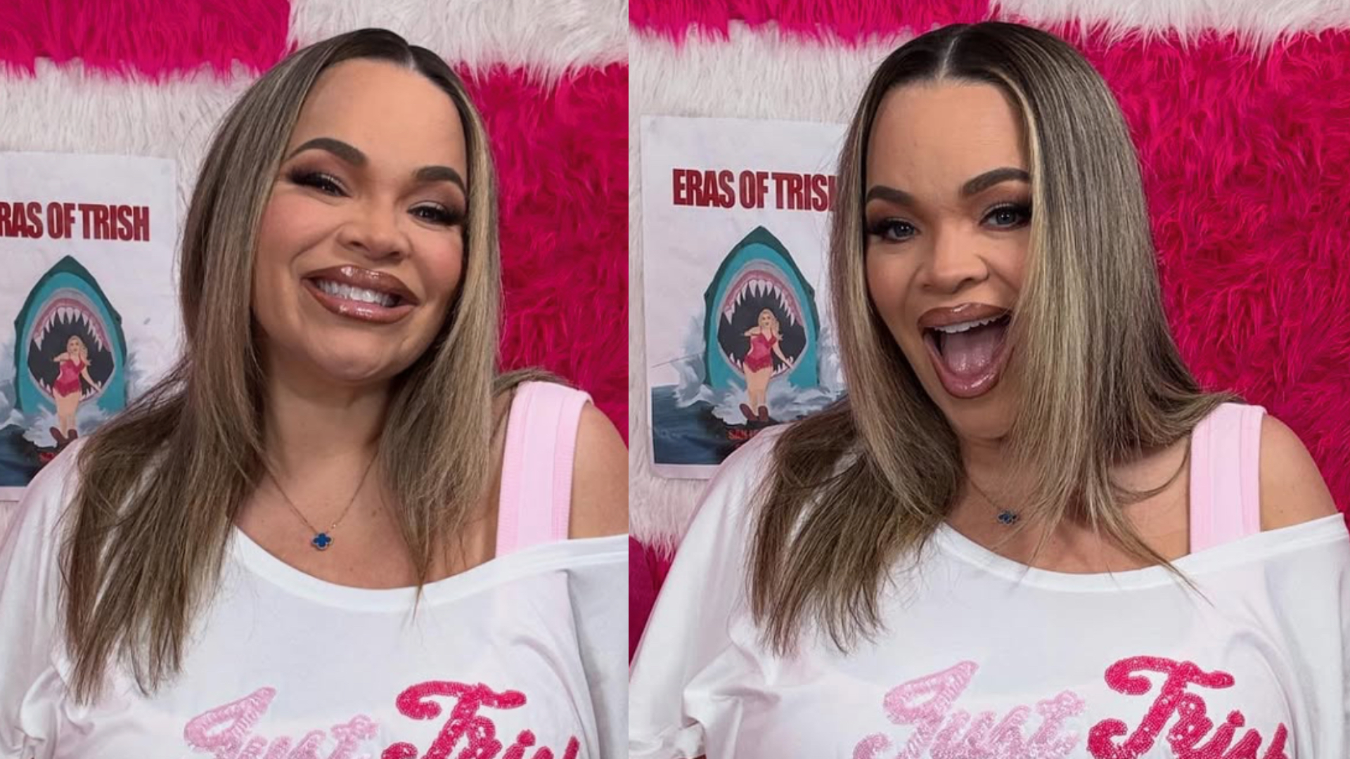 Trisha Paytas smiling in front of a pink and white fluffy backdrop