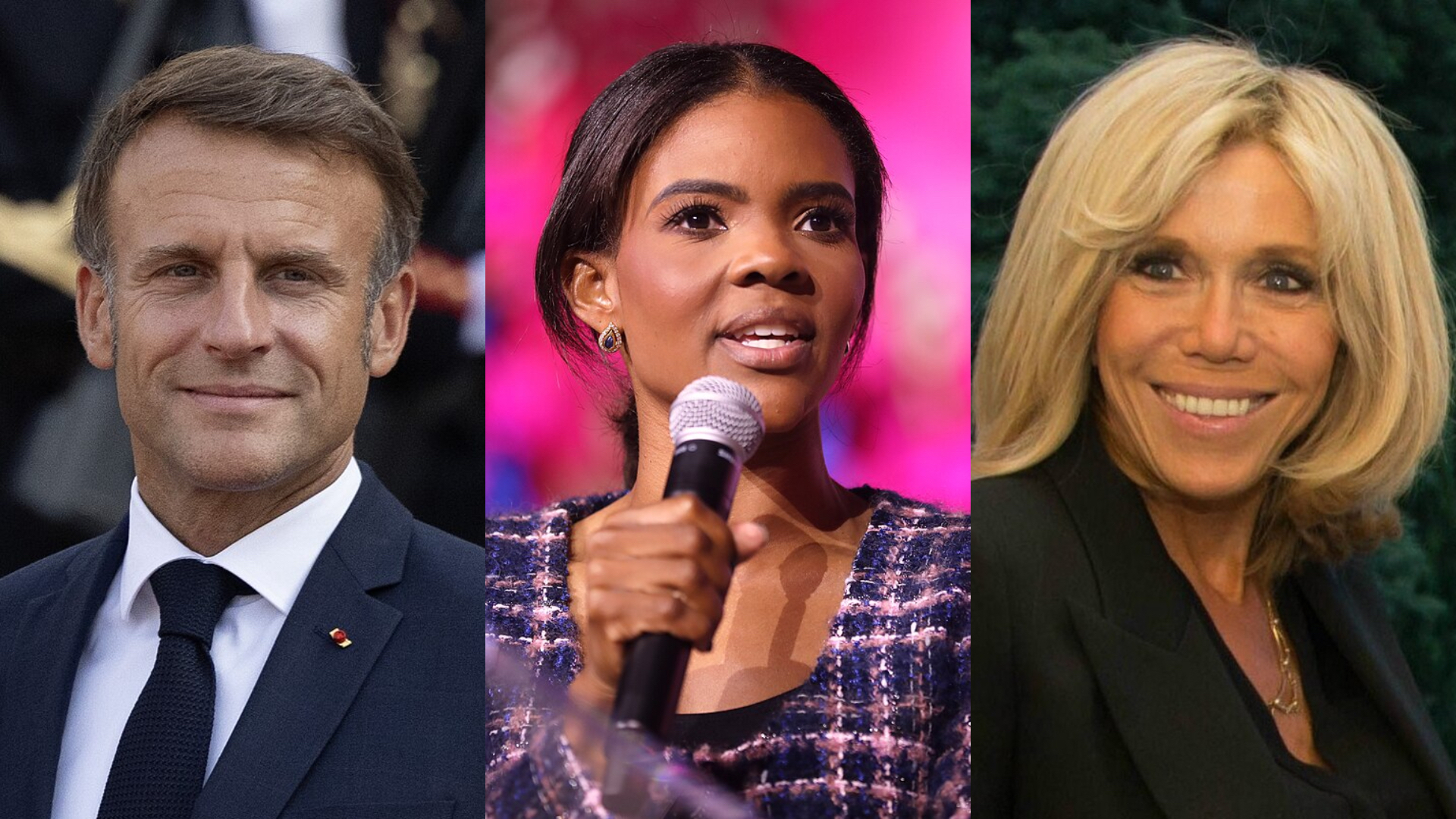 left Emmanuel Macron, middle Candace Owens and right Brigitte Macron