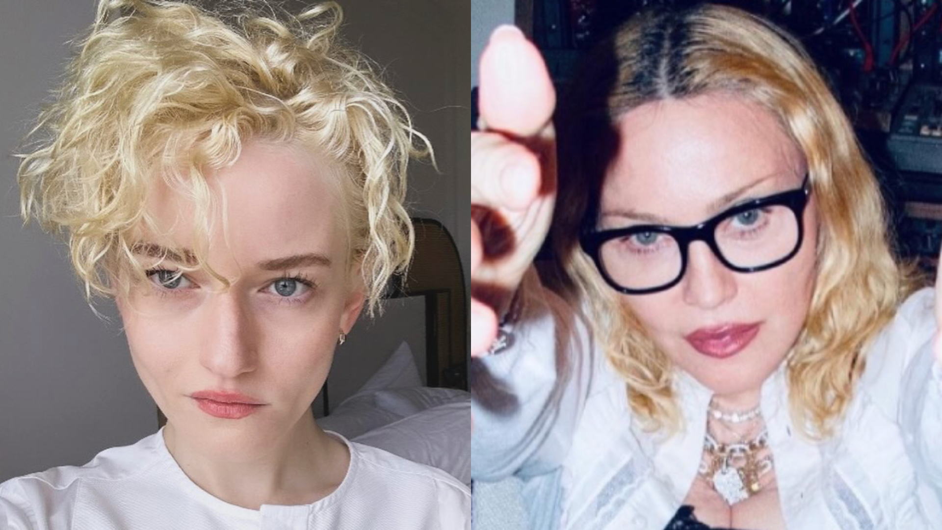 on the left Julia Garner wearing a white t-shirt and on the right Madonna wearing glasses and a white shirt with her arms outstretched