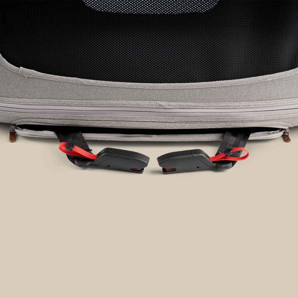 View of the ISOFIX points on a grey dog carrier