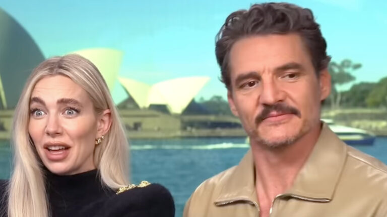 Pedro pascal smirking and Vanessa Kirby with her mouth wide open looking shocked