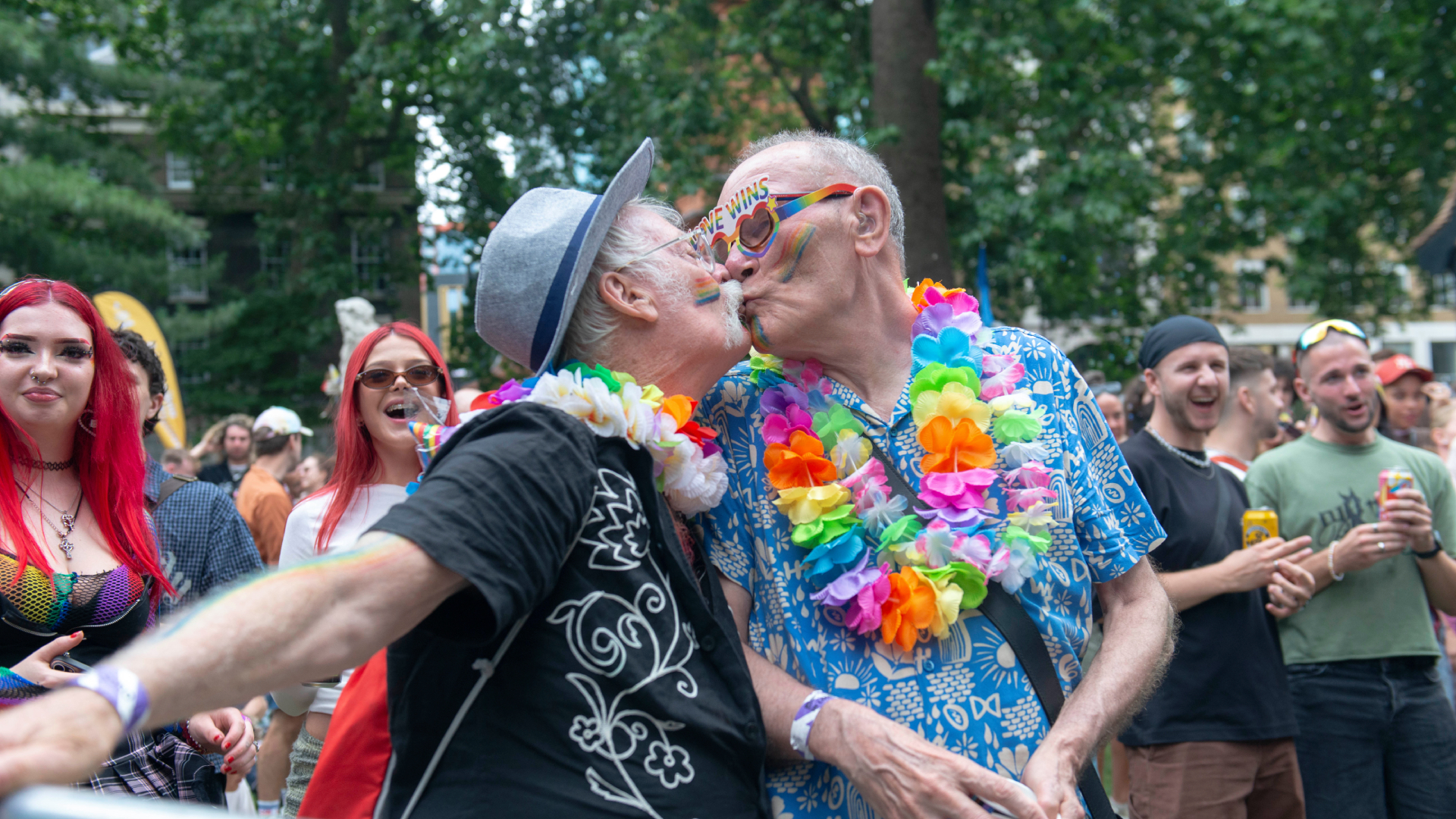 Two gentlemen kissing at Pride in London 2025