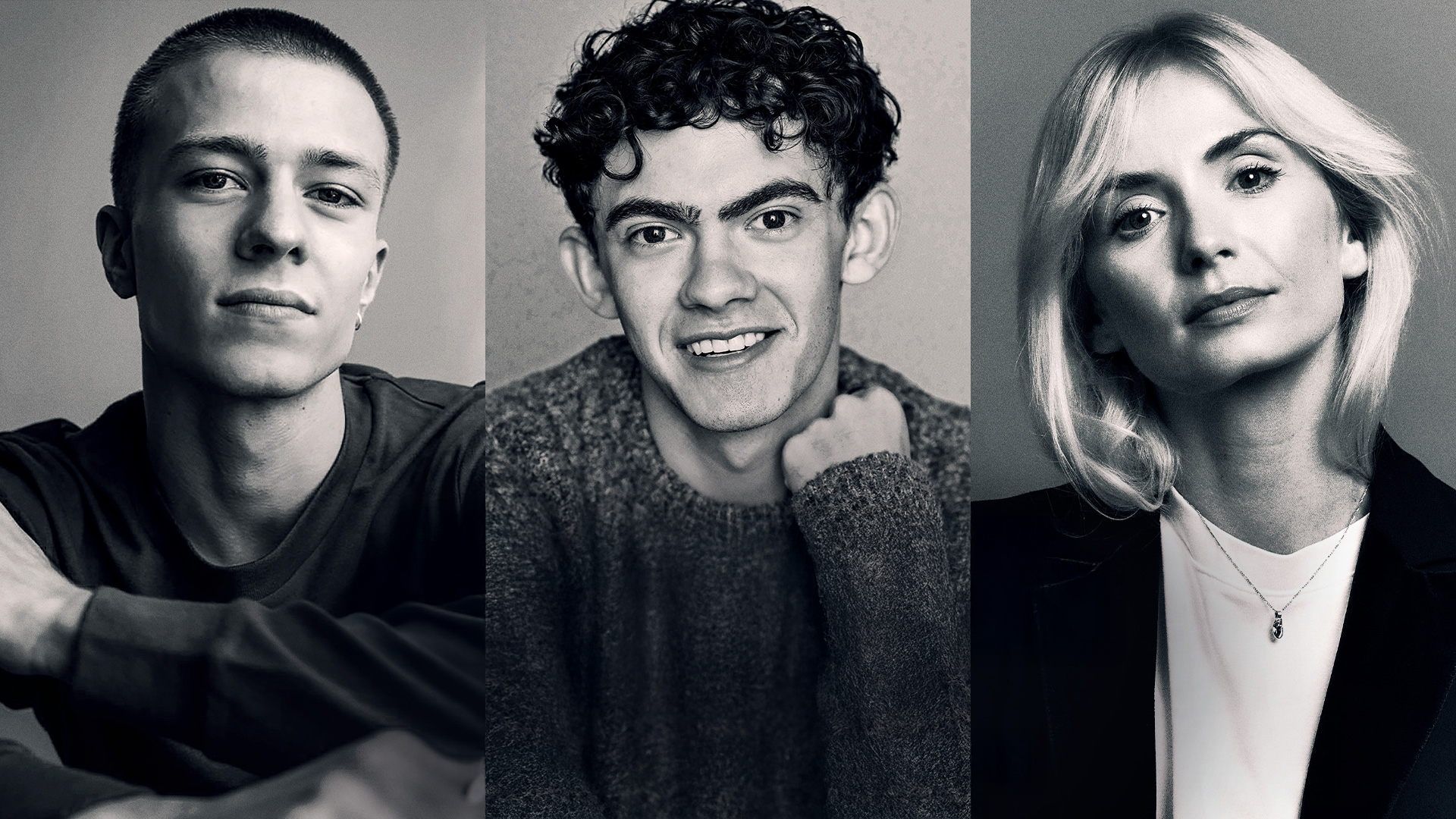 composite of Ruaridh Mollica, Joe Locke and Sophie Melville portraits in black and white