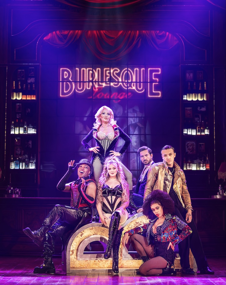 Hall, Orfeh, Folley, George Maguire, Paul Jacob French, Asha Parker-Wallace in Burlesque (Image: Pamela Raith Photography)