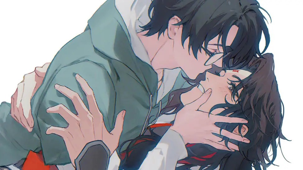 a drawing of two men kissing as appears in the fiction discussed in the story
