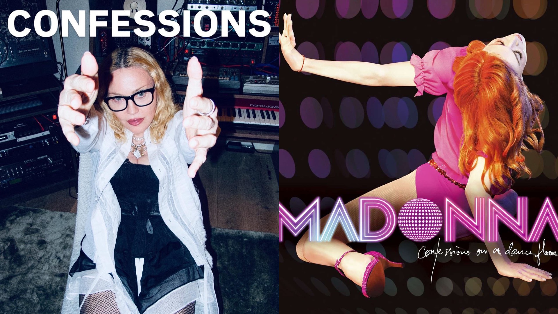Madonna in the record studio this month, and right, on the cover of Confessions On a Dance Floor