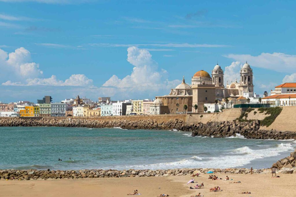 A view of Cadiz with the beach and skyline in shot