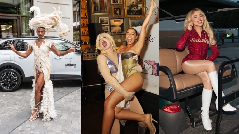 a Pride Awards attendee in a swan-inspired outfit, Jobbers Blonde and Leigh Anne Pinnock dancing, and Sabrina carpenter on her way to BST Hyde Park in a buggy, in red sparkly outfit