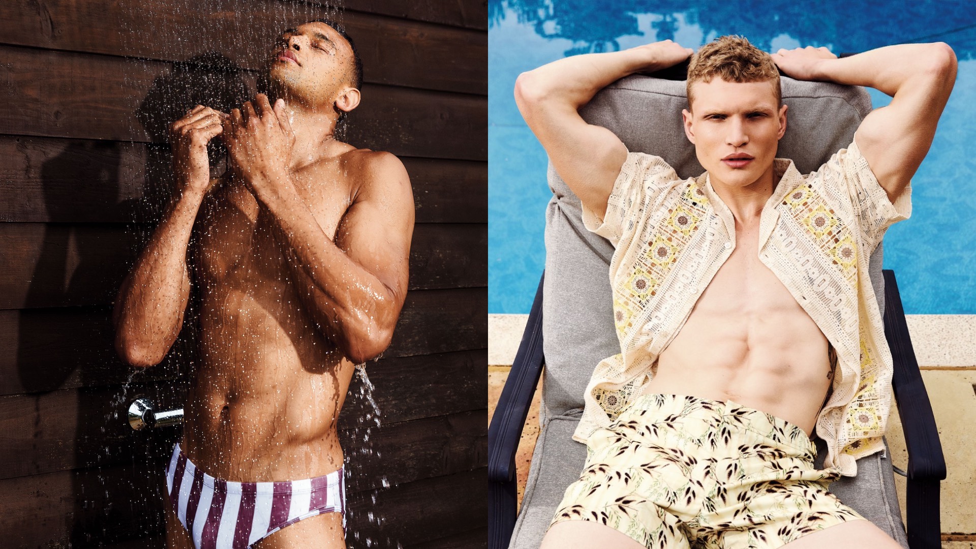 a composite of images of guys in swimwear, the one on the left under an outdoor shower, the one on the left with open shirt reclining by a pool