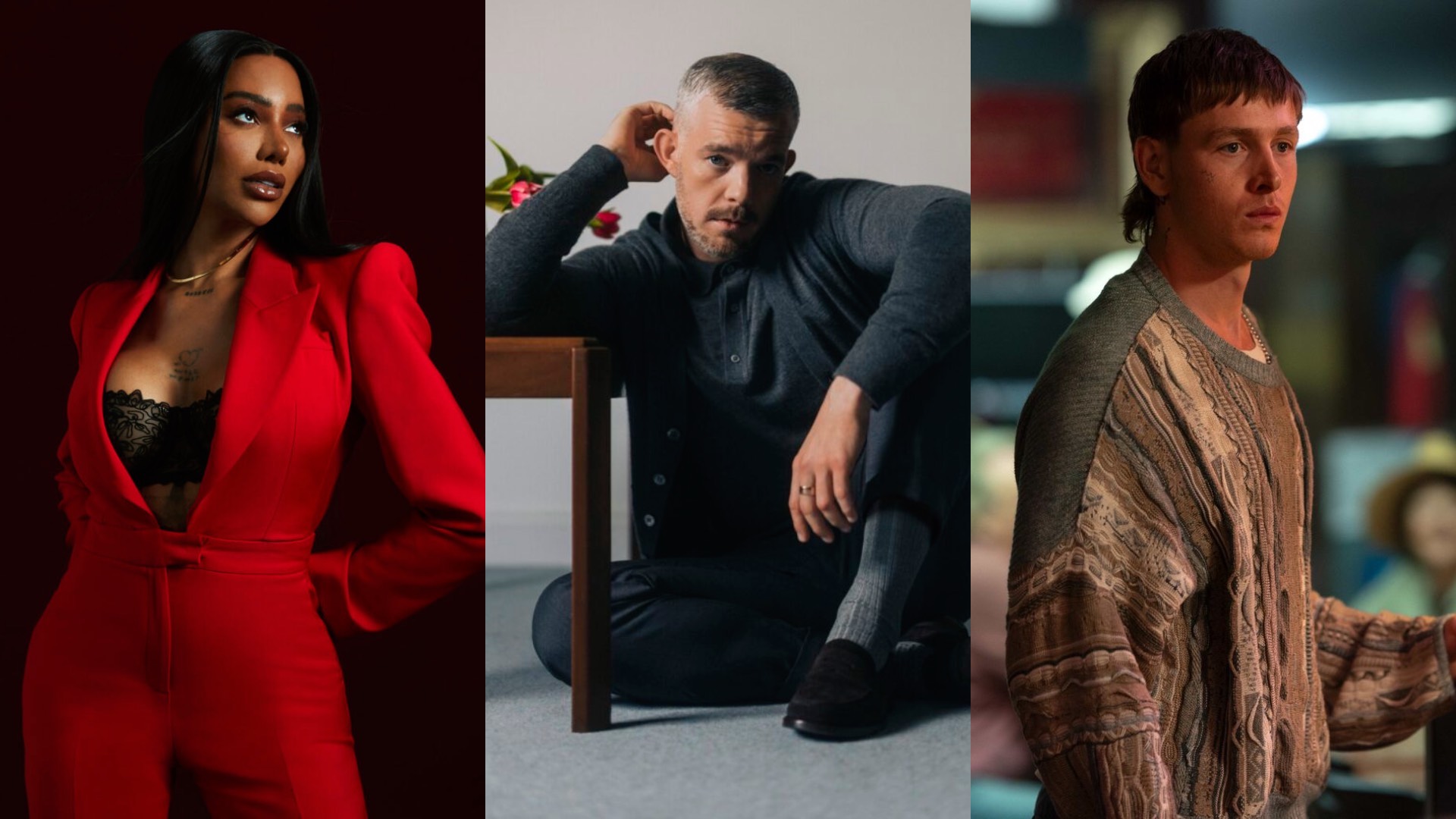 composite of Munroe Bergdorf, Russell Tovey and Harris Dickinson