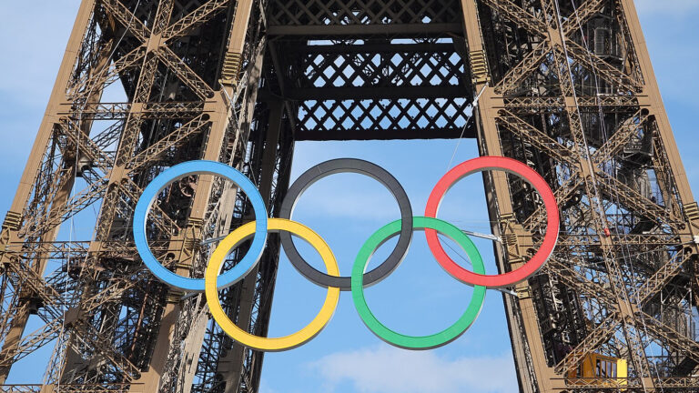 Olympic rings on the Eiffel Tower, Paris 2024