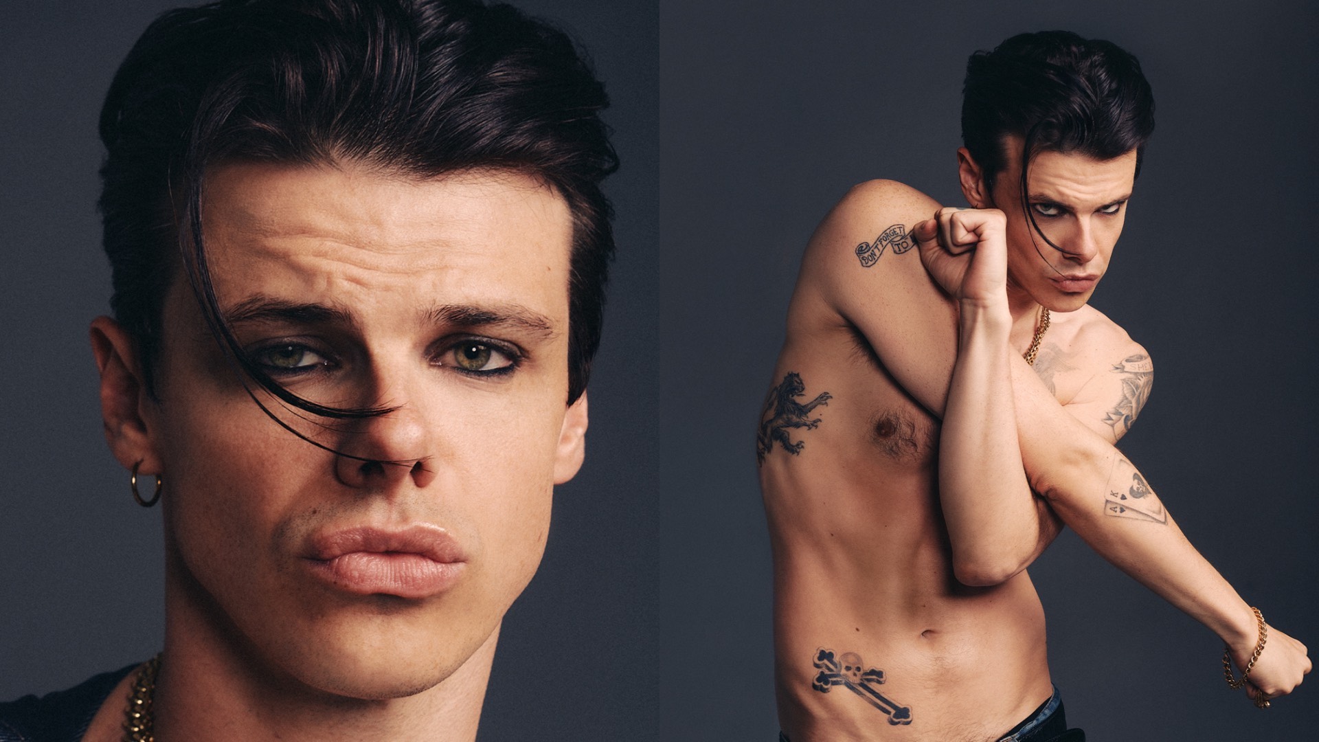 a composite of images off Yungblud, close up of face on left and one of him topless punching the air on the right