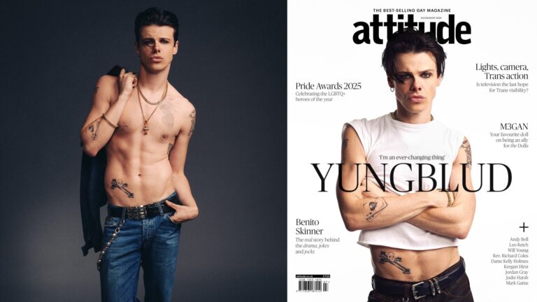 Yungblud in photographs from his latest Attitude cover shoot - left, topless in jeans, and right, on the cover in a white top
