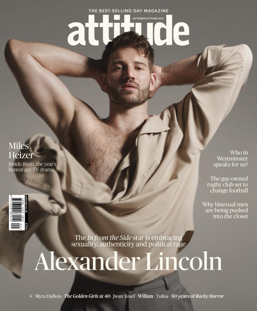 Alexander Lincoln on the cover of attitude in a beige shirt with an arm exposed