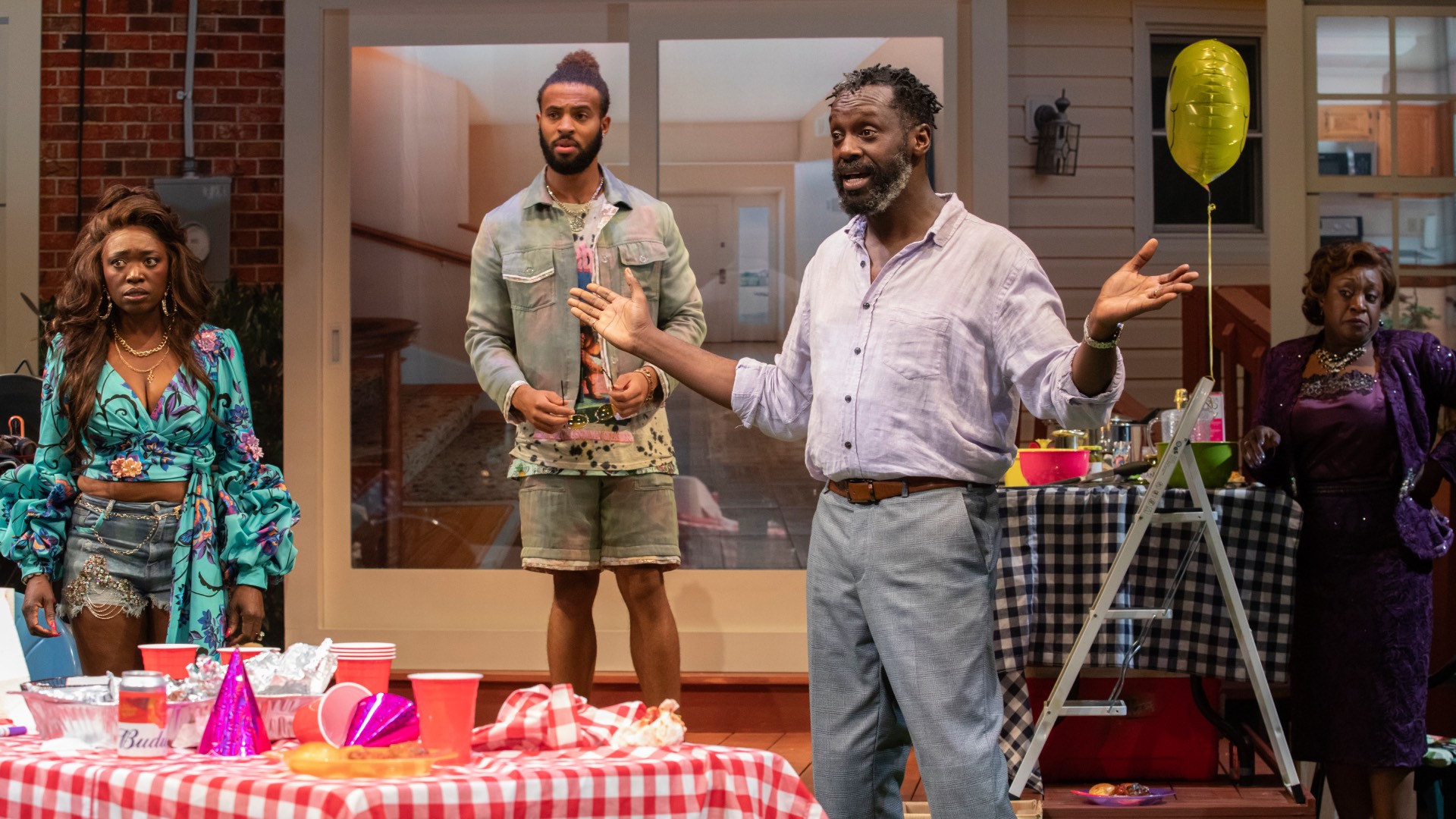 Andi Osho, Kieran Taylor-Ford, Sule Rimi, Sandra Marvin on stage in character in Fat Ham