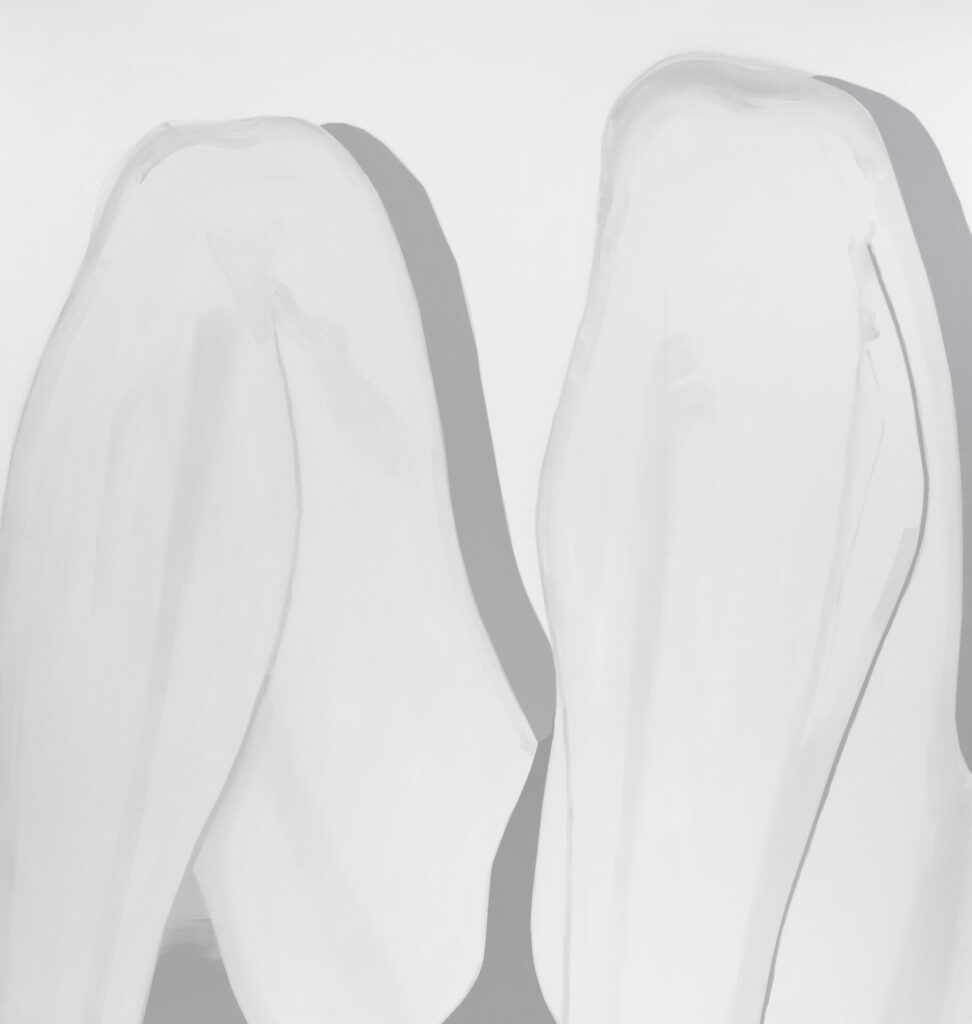 Twin Towers, 2023, Oil on linen, 100 x 95 inches(254 x 241 cm) - the black and white artwork depicts a pair of bent legs