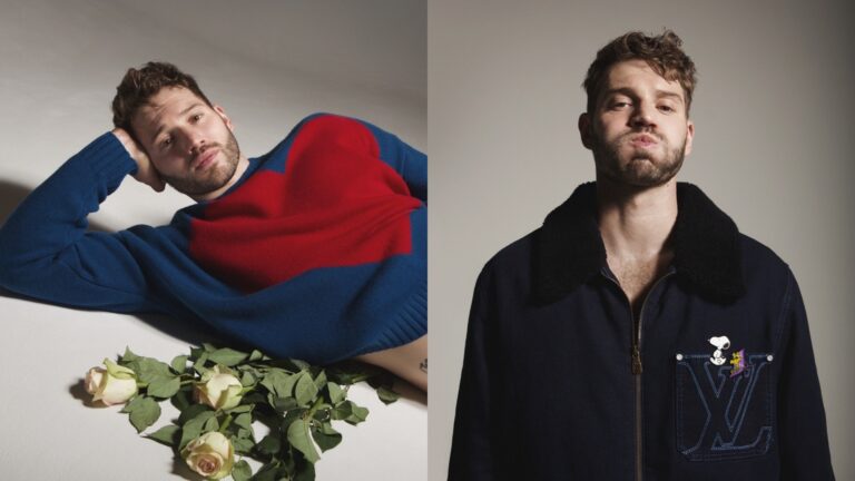 Alexander Lincoln in his new Attitude shoot, one shot of him lying down, one of him pulling a funny face (Image: Attitude/Vincent Jacques Flouret)