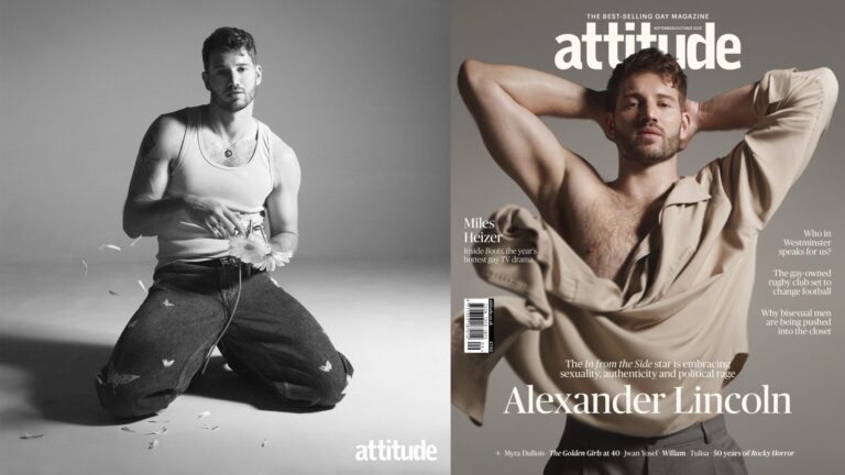 Alexander Lincoln in the new issue of Attitude - a composite, one shot of him kneeling in jeans and white vest, and one of him on the cover in a beige shirt
