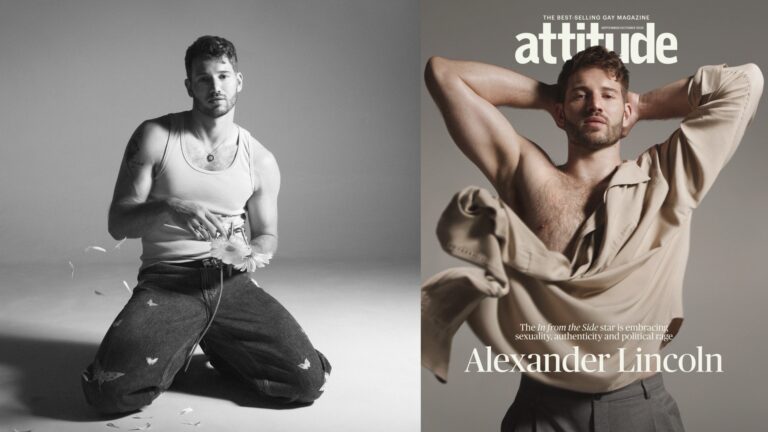 Alexander Lincoln in the new issue of Attitude - a composite, one shot of him kneeling in jeans and white vest, and one of him on the cover in a beige shirt