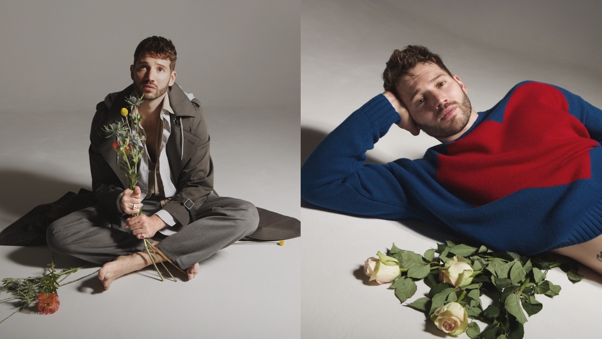 Alexander Lincoln in his new Attitude shoot, on eon him say down with flowers and one of him lay down with flowers, in a blue jumper with a big red heart on it