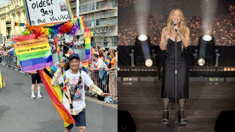 Composite of a perosn walking in a pride parade and Mariah Carey on stage at Brighton Pride