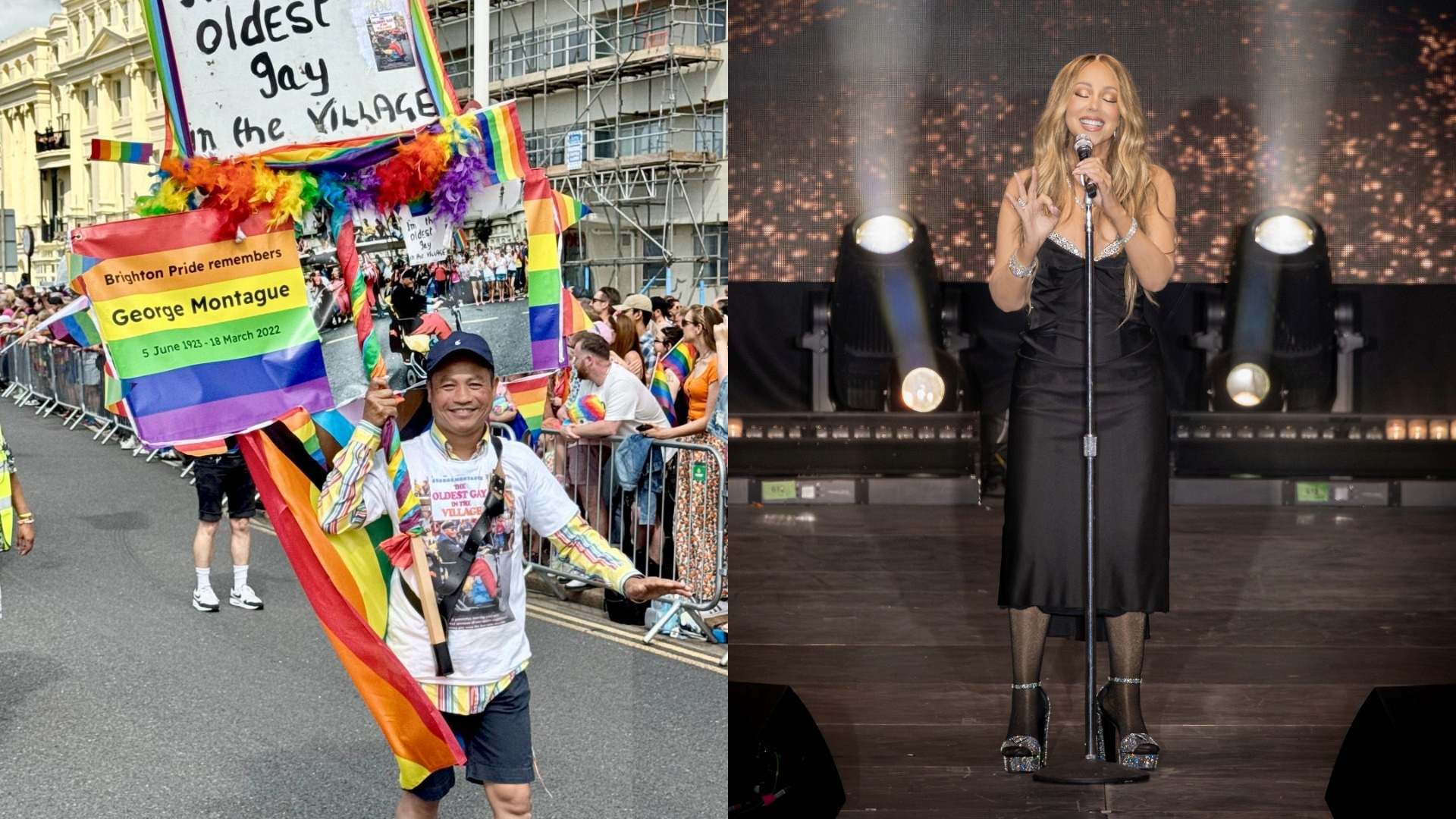Composite of a perosn walking in a pride parade and Mariah Carey on stage at Brighton Pride
