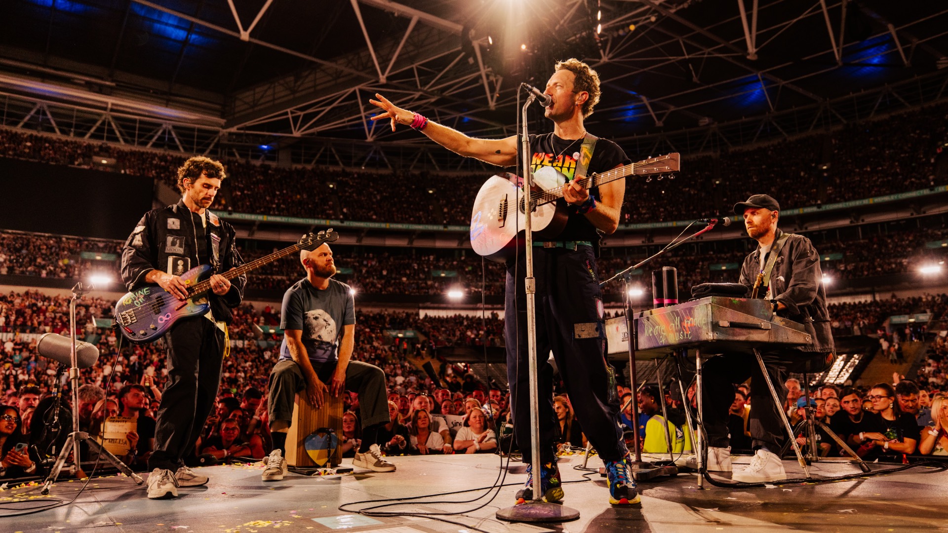 Coldplay on stage at Wembley Stadium