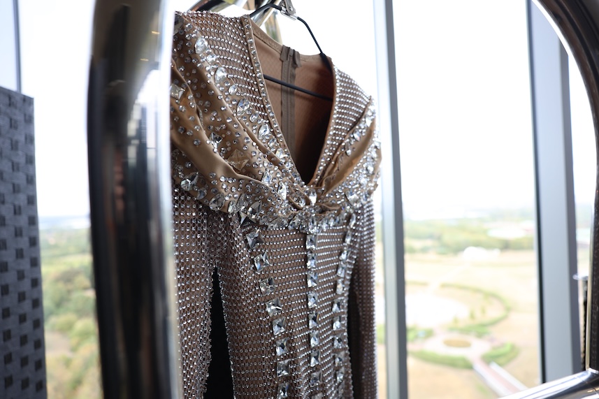 An up-close of The Vivienne's jewelled gown