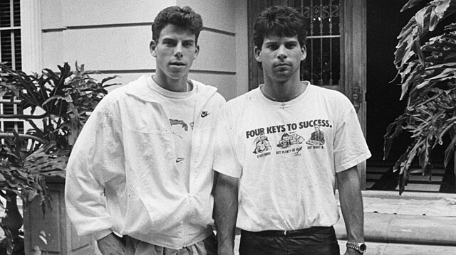 Lyle and Erik Menendez outside their Beverly Hills home in black and white
