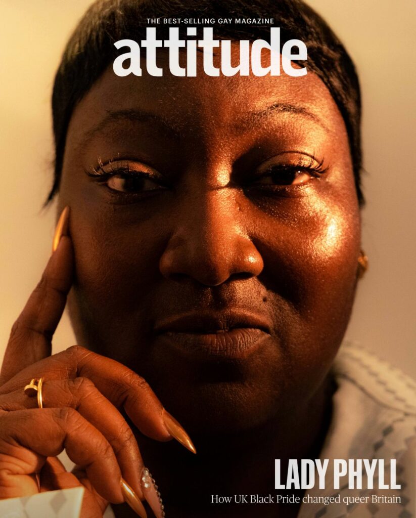 Lady Phyll on the cover of Attitude magazine, with a close up of her face as she looks directly into the camera
