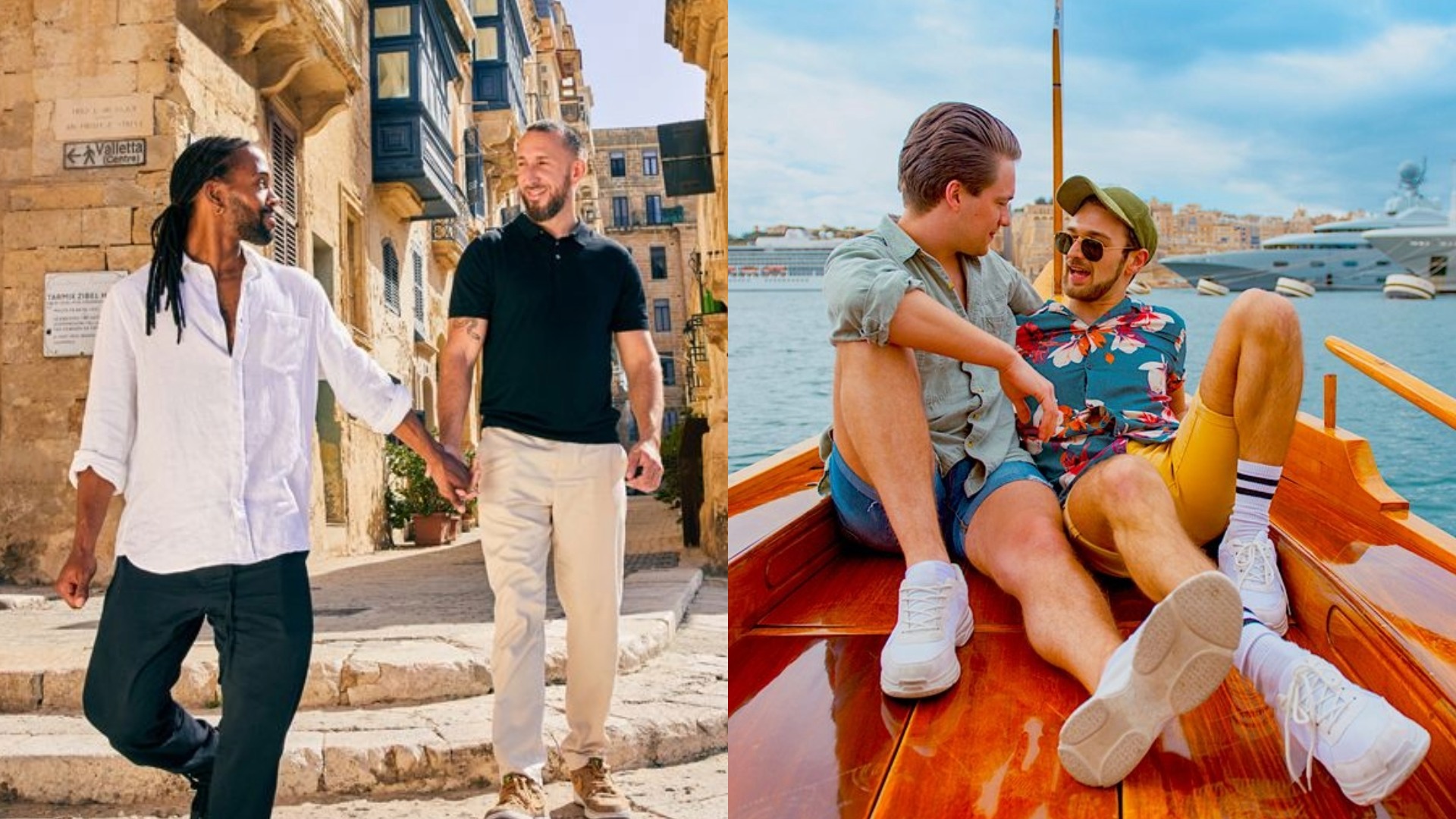 Composite showing a male couple holding hands on the streets of Malta and another image showing a male couple reclining on a boat in Malta