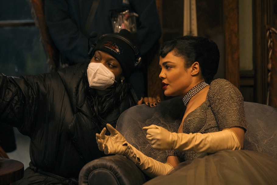 Director Nia DaCosta and Tessa Thompson on the set of Hedda.