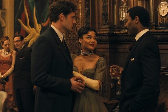 (L-R) George Tessman (Tom Bateman), Hedda Gabler (Tessa Thompson) and Judge Roland Brack (Nicholas Pinnock) in HEDDA at a party