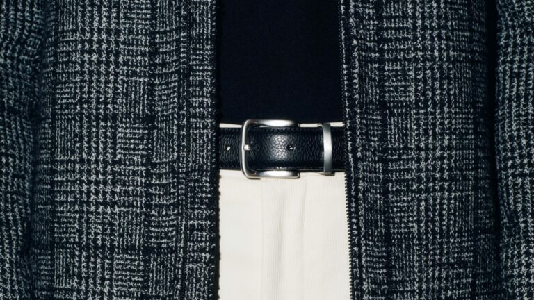 Close-up image of a black leather belt from the M&S Autograph autumn/winter 2025 collection.