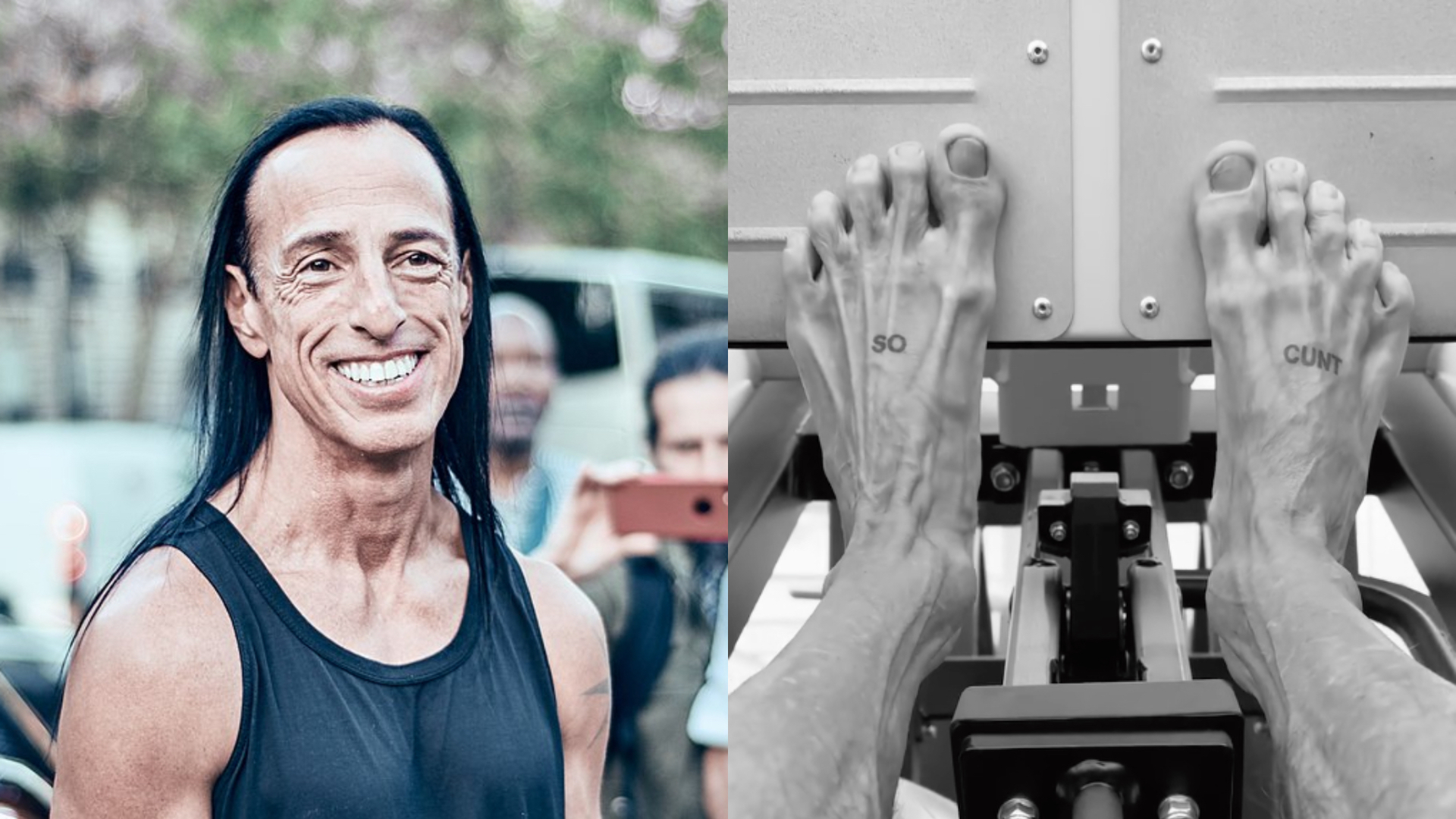Rick Owens on the left wearing a black vest and slick back wet hair and on the right a black and white image of his feet