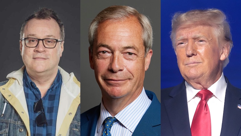 On the left, Russell T Davies, in the middle Nigel Farage and on the right Donald Trump