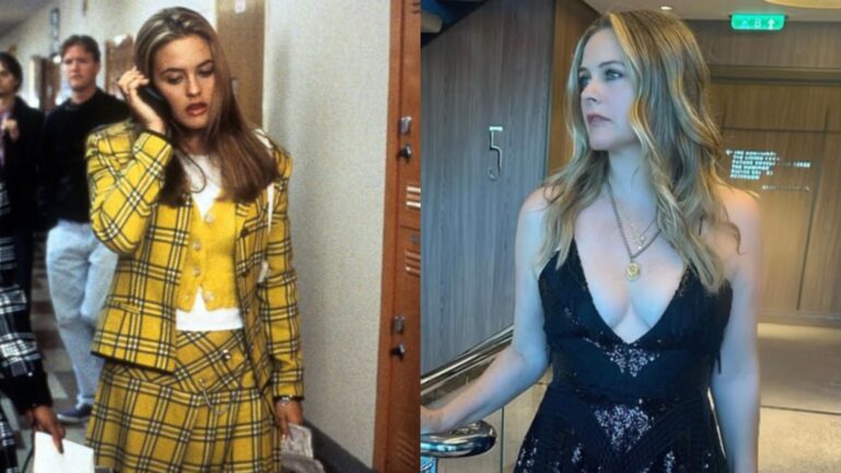 Alicia Silverstone as Cher Horowitz wearing her signature yellow tweed blazer on the left and on the right Alicia Silverstone wearing a black dress in her more recent years