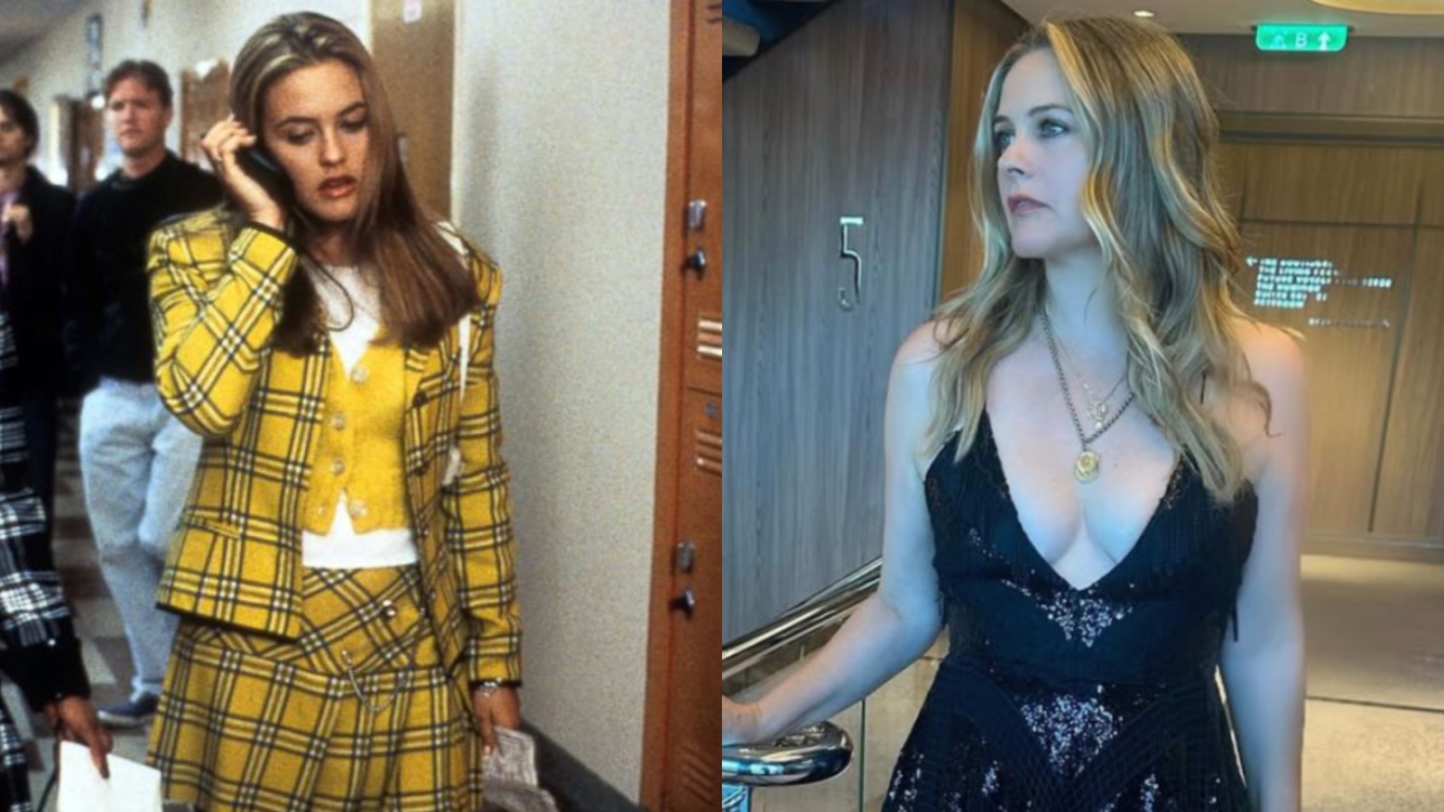 Alicia Silverstone as Cher Horowitz wearing her signature yellow tweed blazer on the left and on the right Alicia Silverstone wearing a black dress in her more recent years