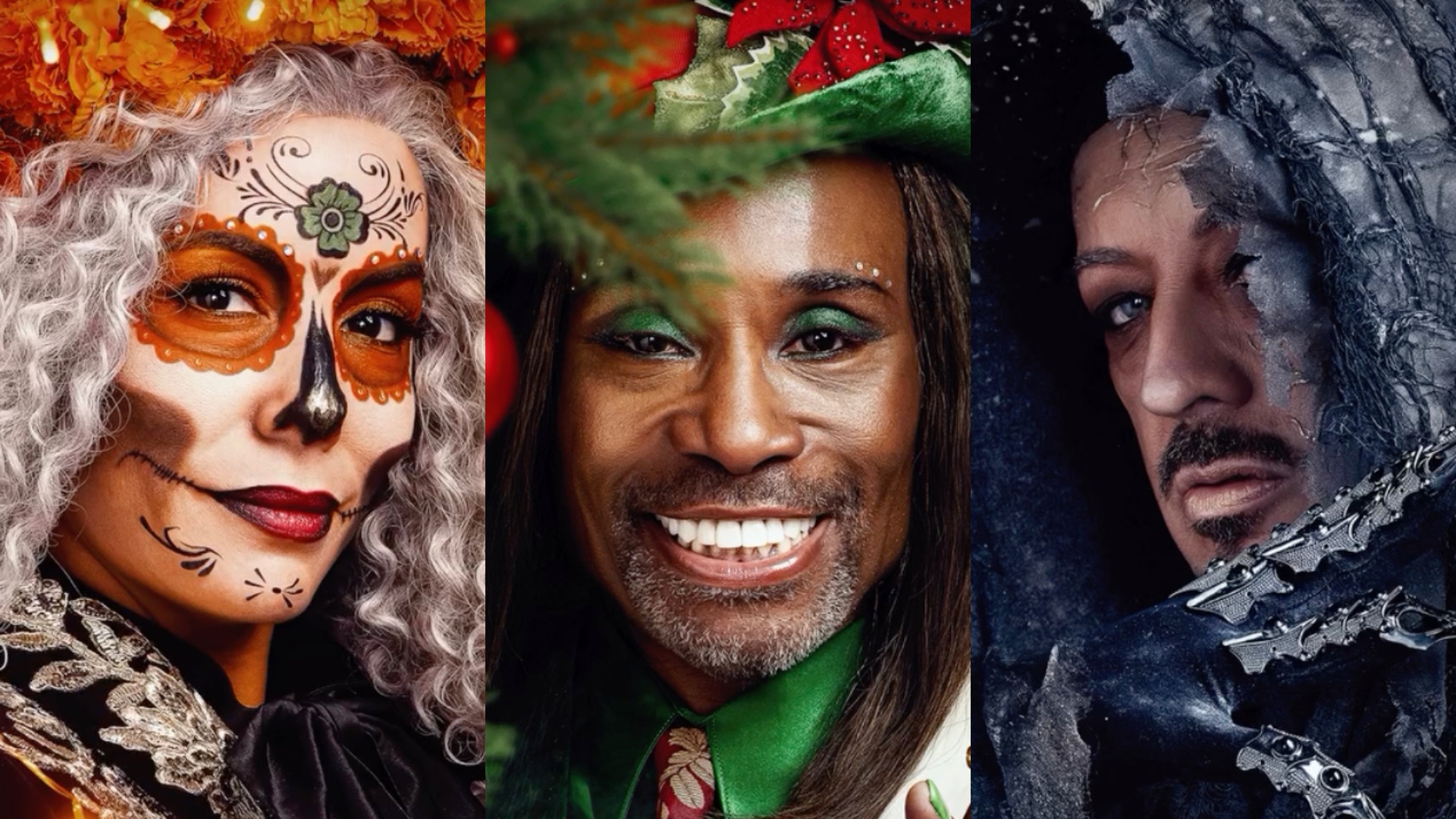 Eva Longoria on the left in skeleton makeup, Billy Porter in the middle in Christmas green and red get up and Boy George on the right in a frosted black Cloke