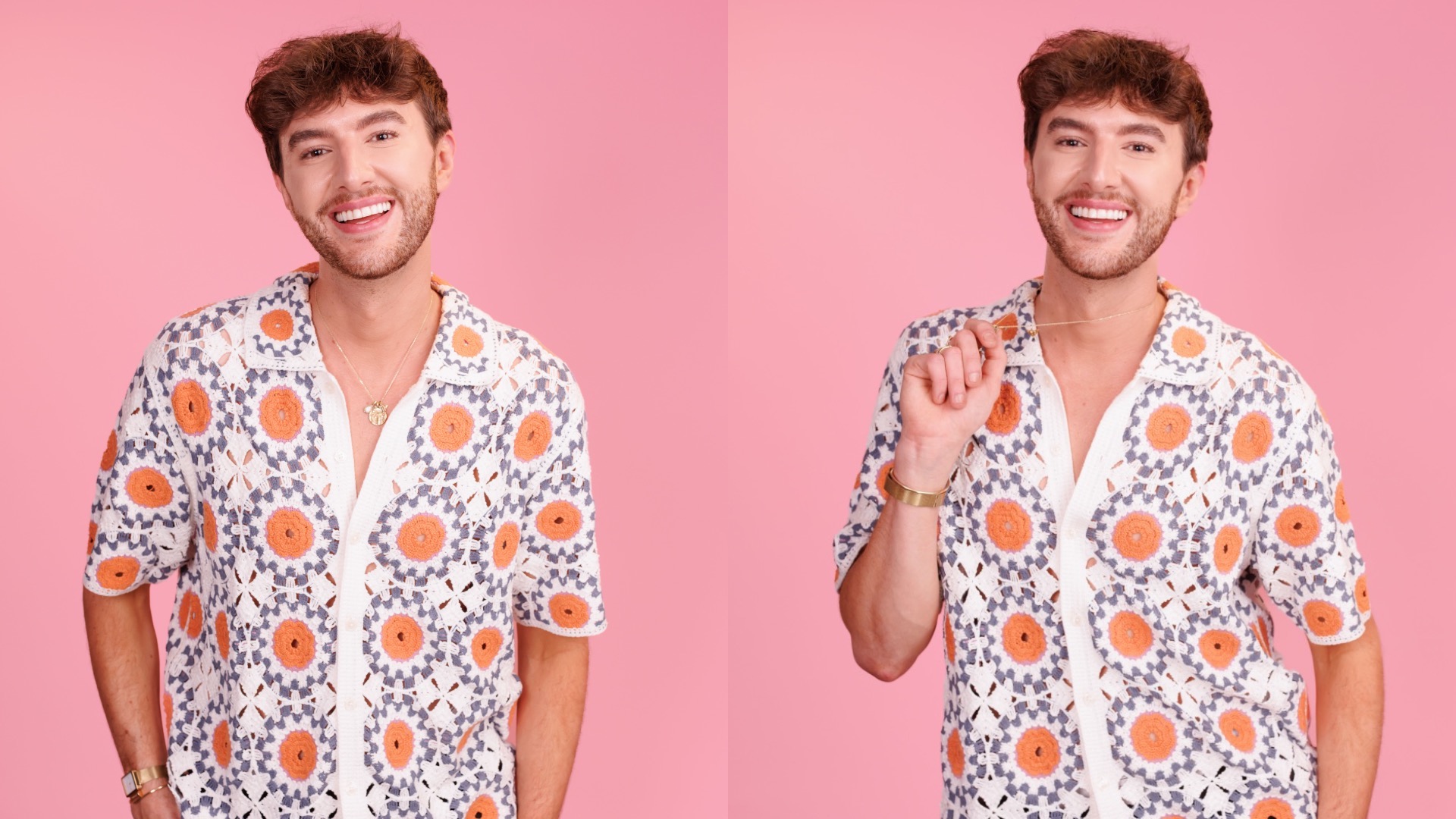 Mark Ferris smiling wearing a crotchet polo shirt in front of a pink backdrop