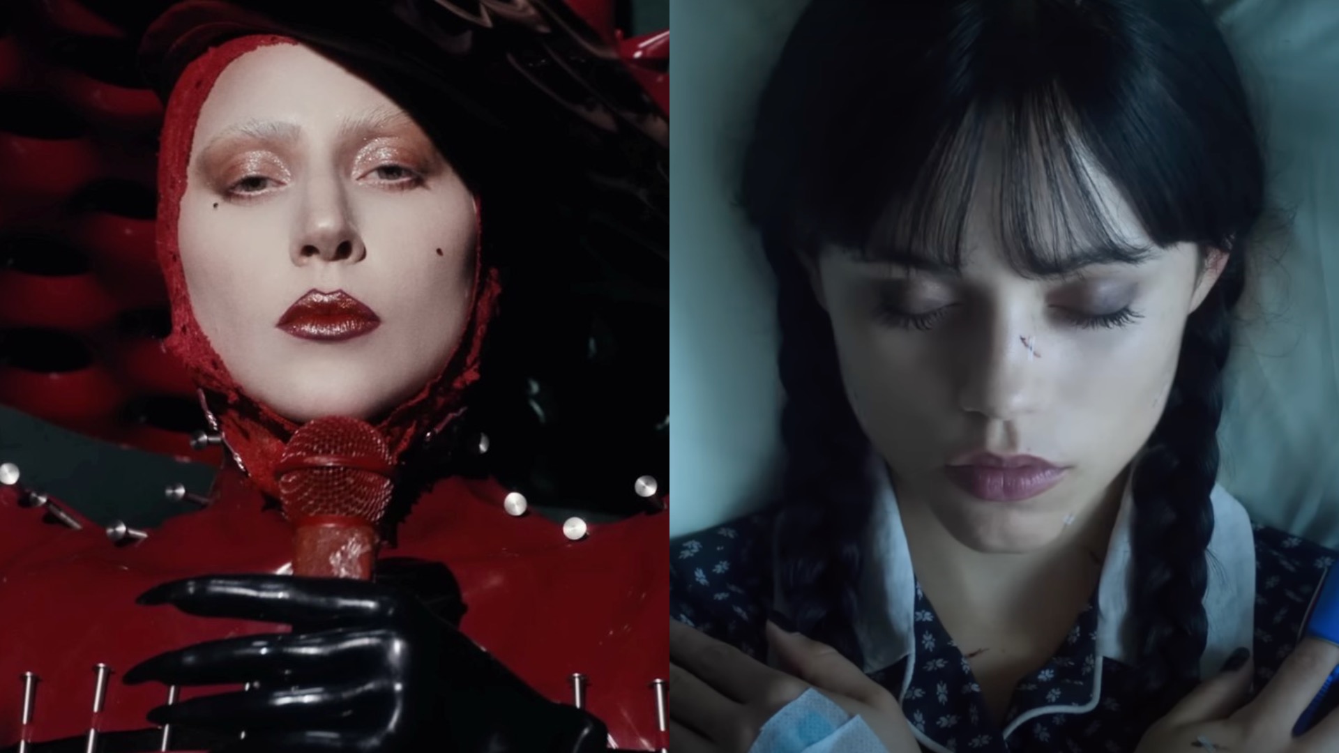 Lady Gaga dressed in red and Jenna Ortega with her eyes closed and arms crossed in Wednesday attire