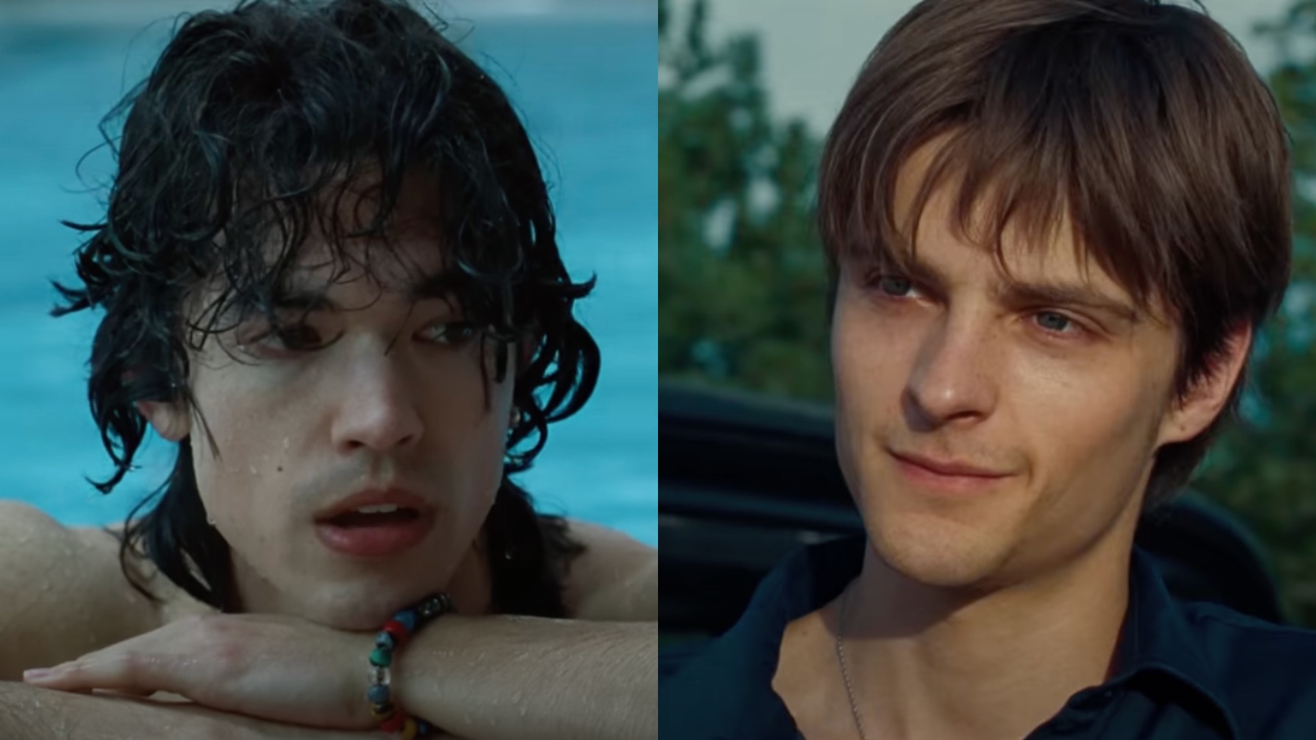 Conan Gray soaking wet in a pool and Corey Fogelmanis smiling